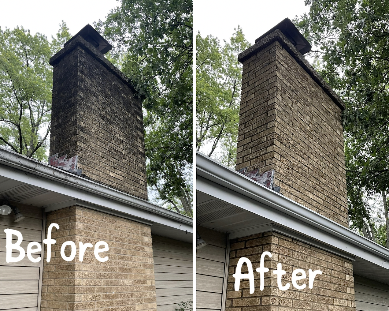 Residential chimney brick stain removal before and after — dark soot cleaned to natural brick