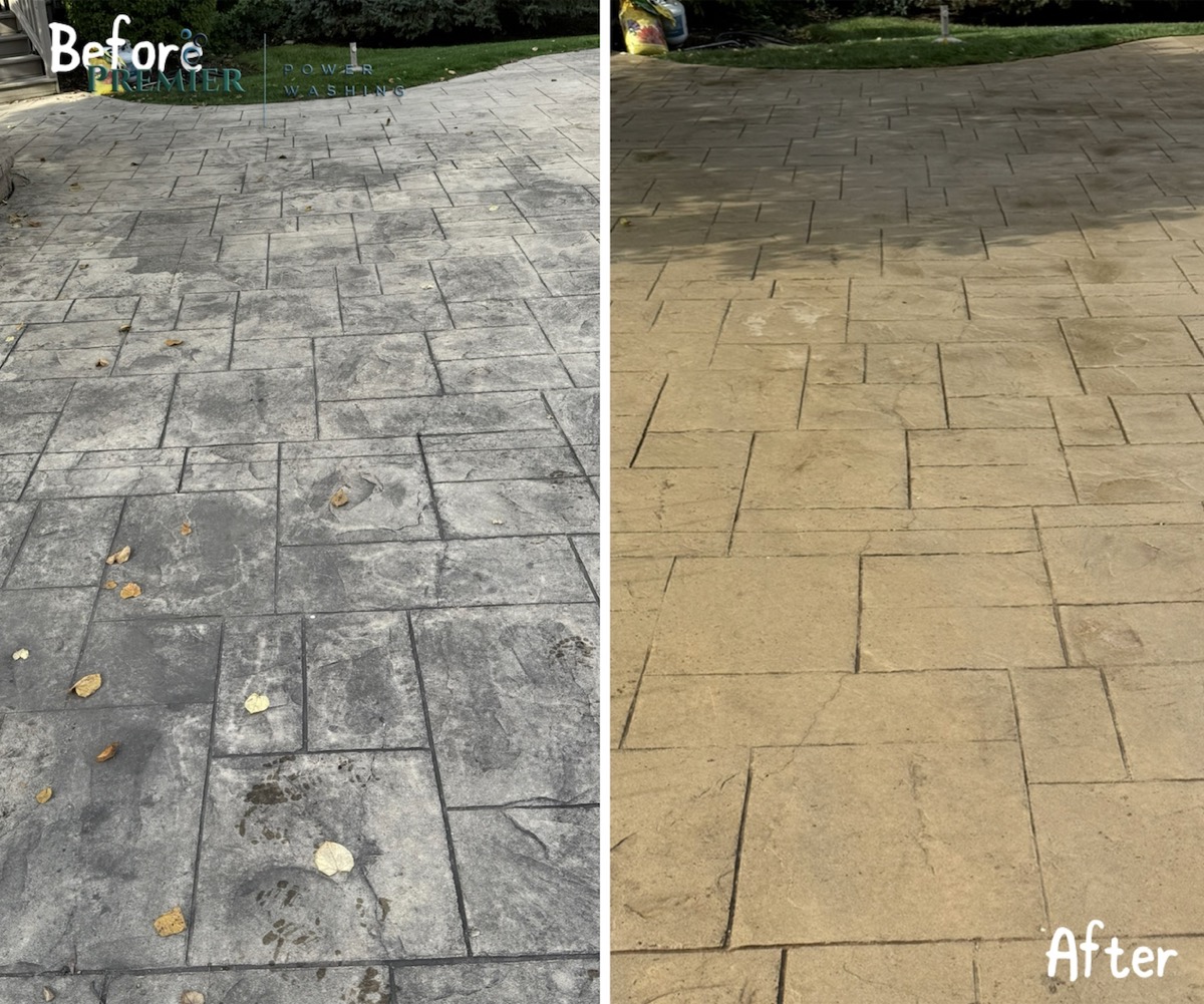 Stamped concrete driveway cleaning before and after