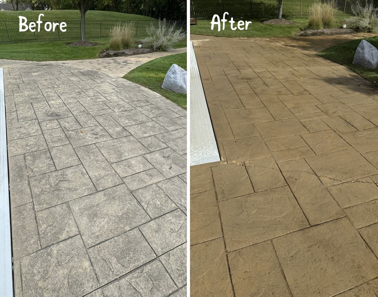 Stamped concrete patio before and after — dirt and grime removed