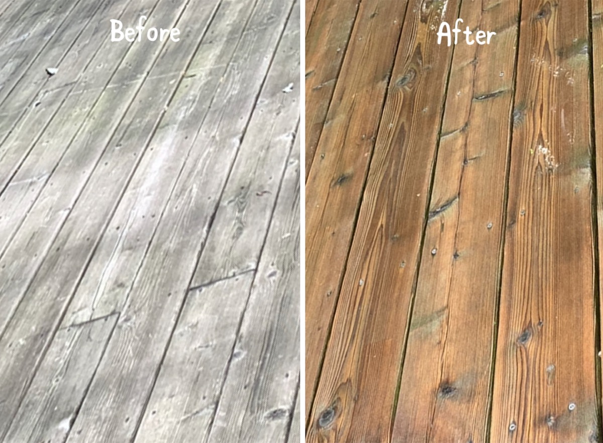 Wood deck power washing before and after