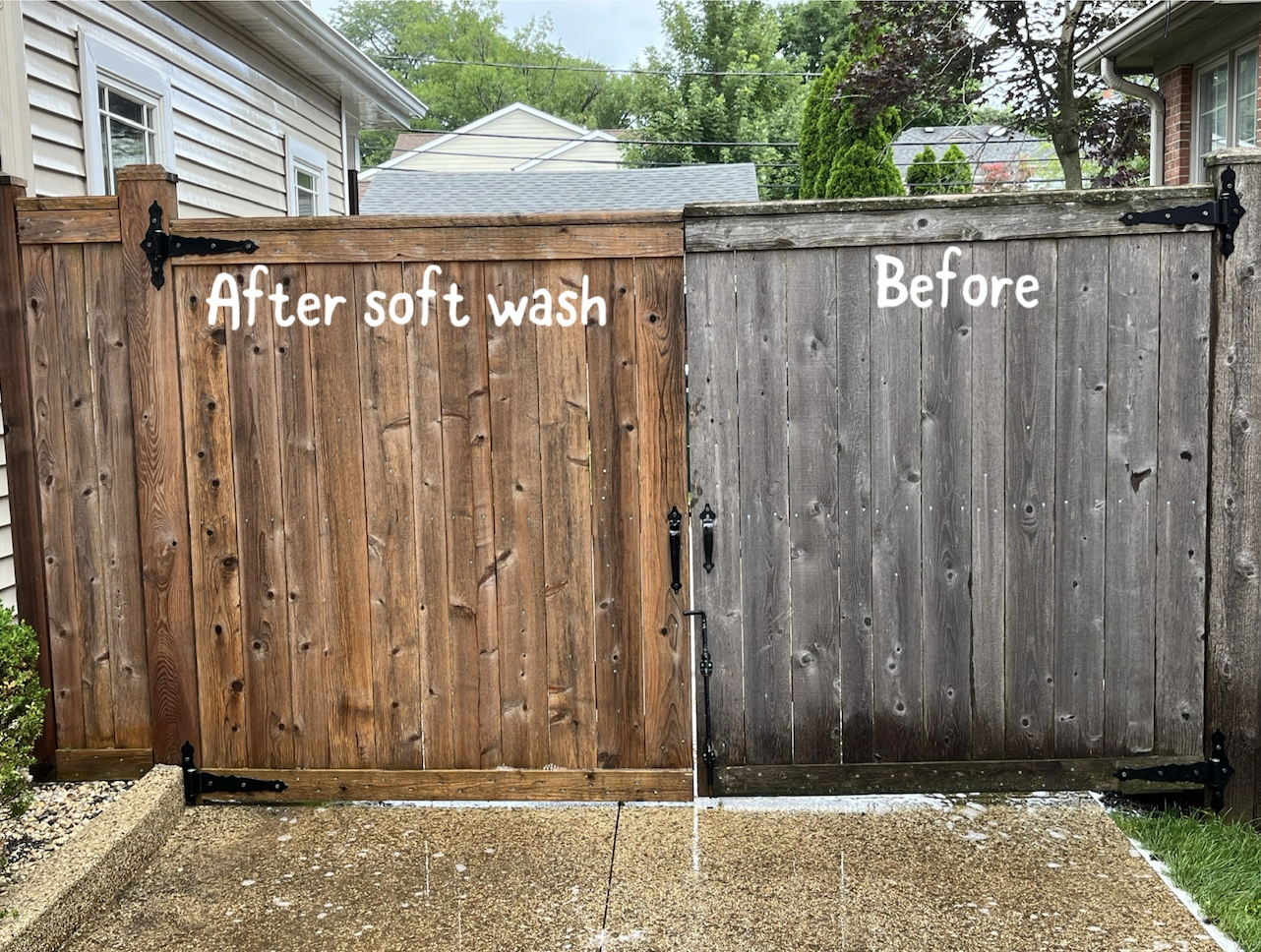 Wooden fence soft wash before and after — weathered gray restored to natural wood