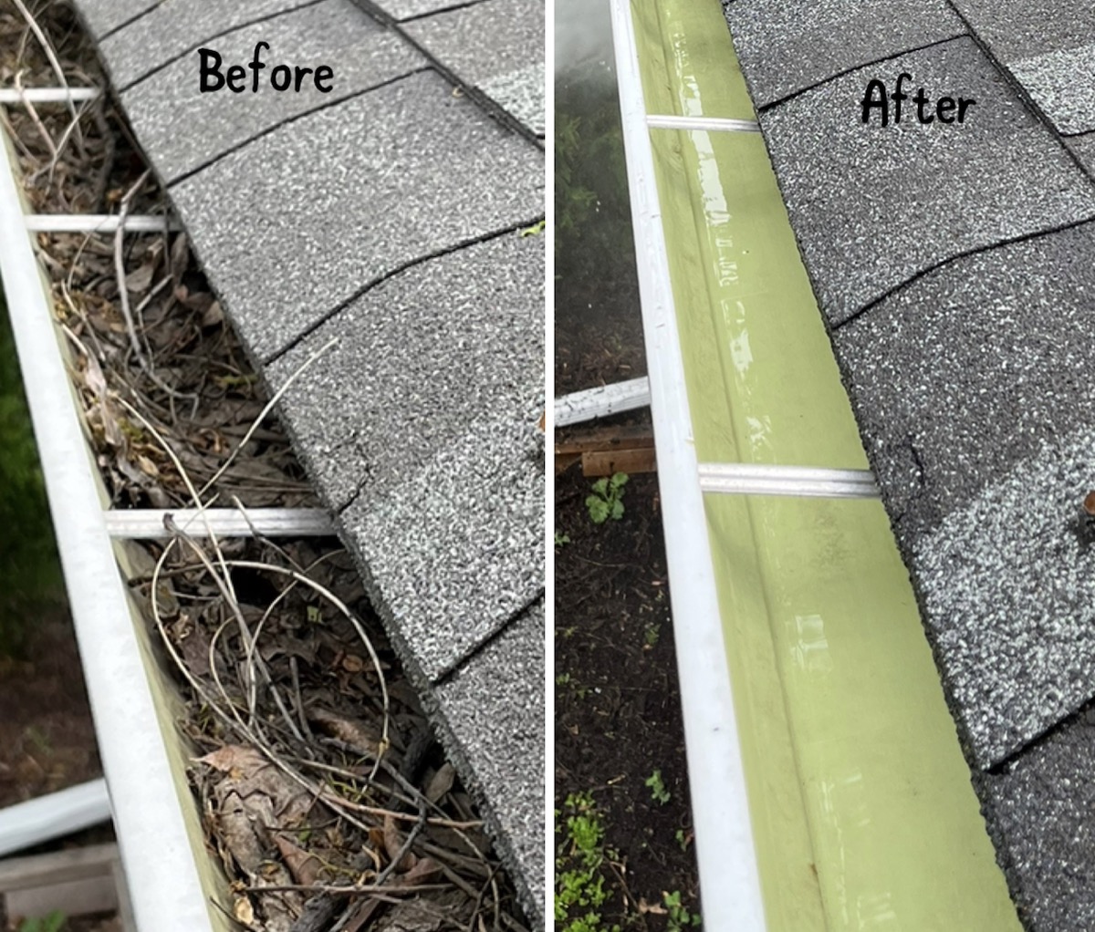 Gutter leaf cleanout before and after