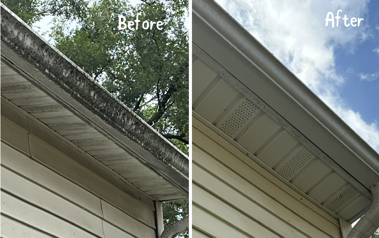 Gutter and soffit cleaning before and after — black mold streaking removed