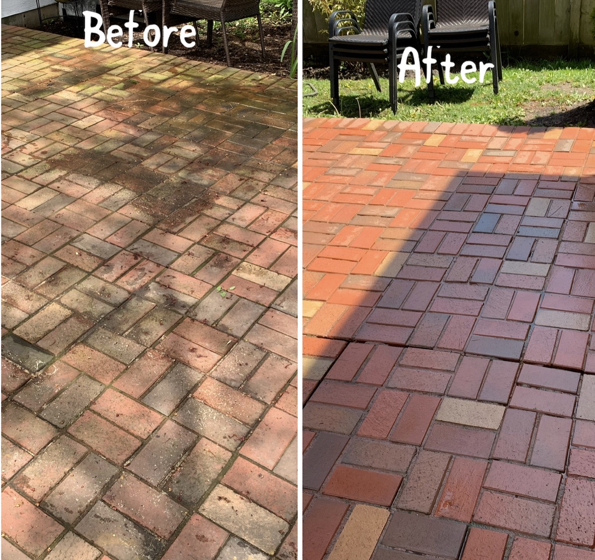 Brick paver patio cleaning before and after