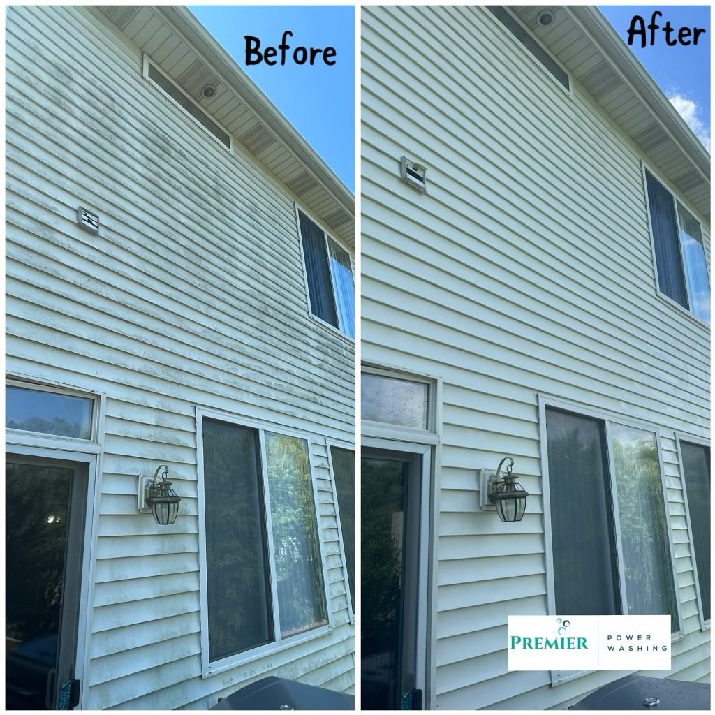 A before and after picture of the exterior of a house.